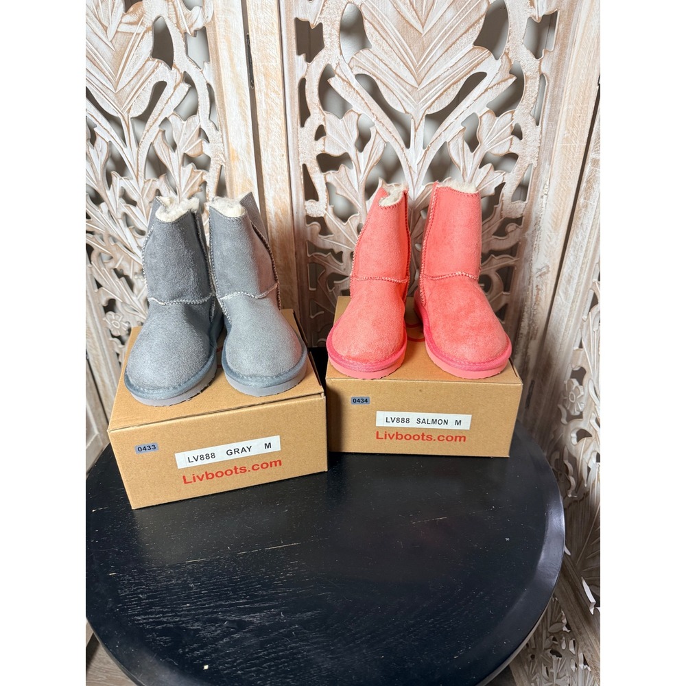 Livboots Kids Winter Boots Gray Salmon Pink Faux Fur Lined Toddler Size 10-11 - Picture 2 of 9